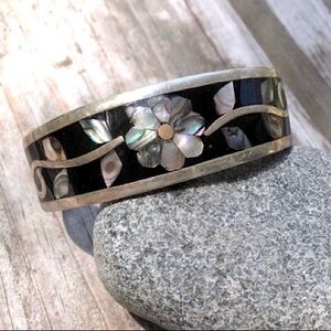 ABALONE Silver Bracelet Cuff Bangle Mexico Alpaca